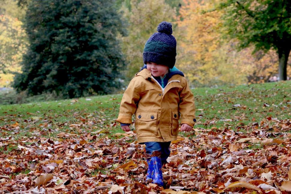 Free Image of Young Boy Walking Among Autumn Leaves 