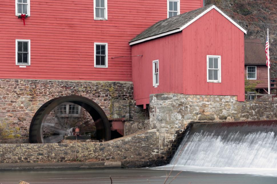 Free Image of Red Mill Water Wheel  