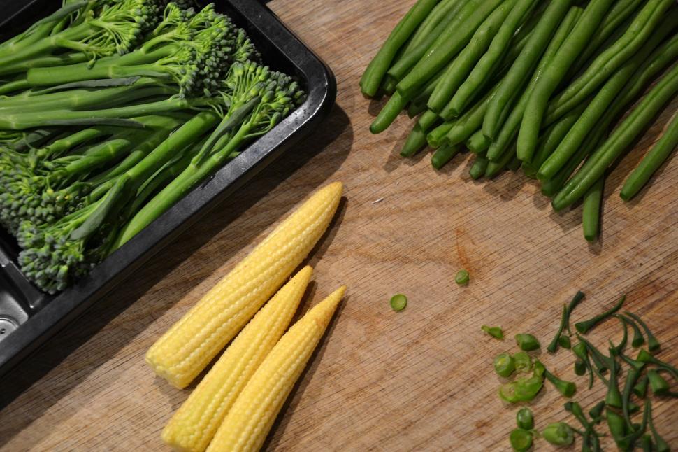 Free Image of Baby corns, green beans and  tenderstem broccoli 
