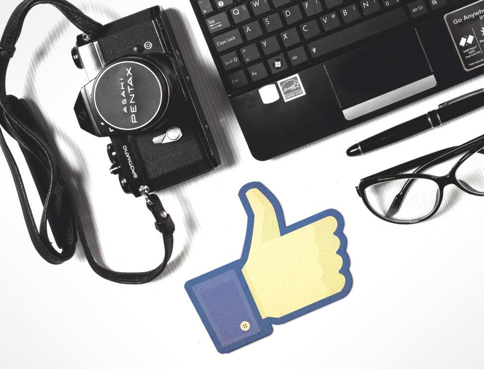 Download Free Stock Photo of Facebook Thumbs-Up with Laptop and Camera 