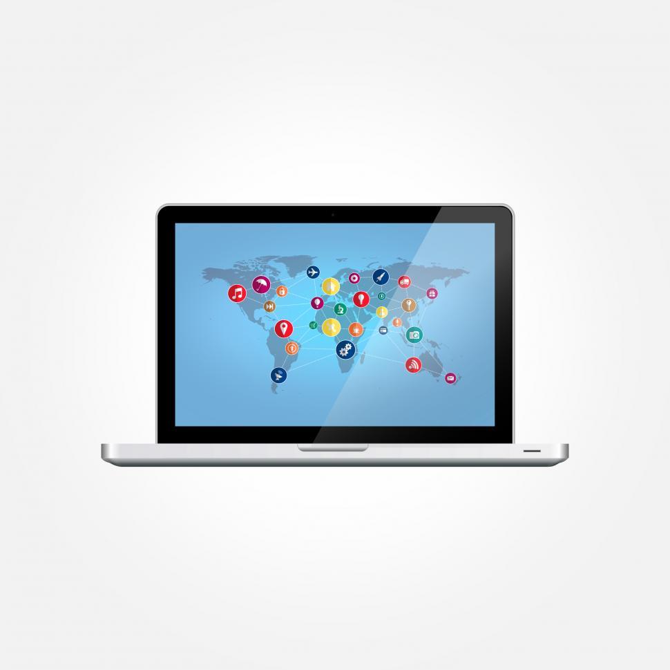 Free Image of Laptop with World Map and Technology Icons - IT Concept 