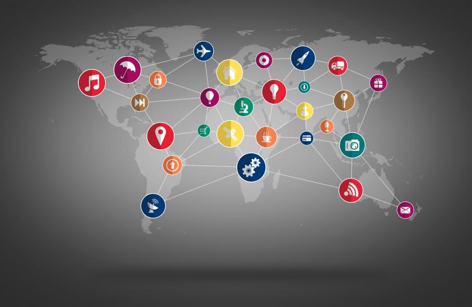 Free Image of World Map with Technology Icons Mesh - IT Concept 