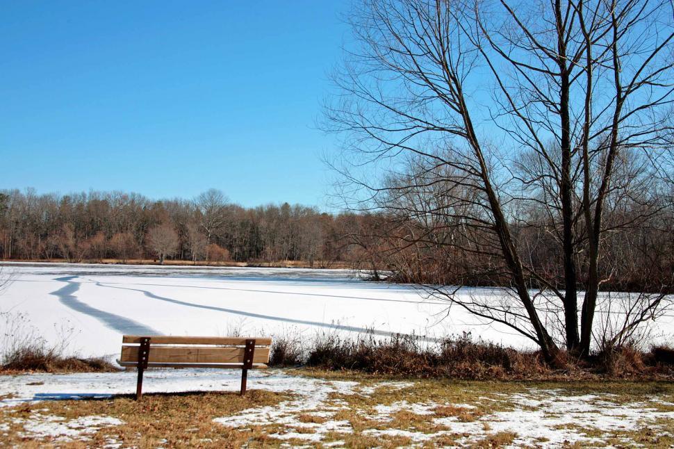 Free Image of Wooden Bench Frozen Lake 