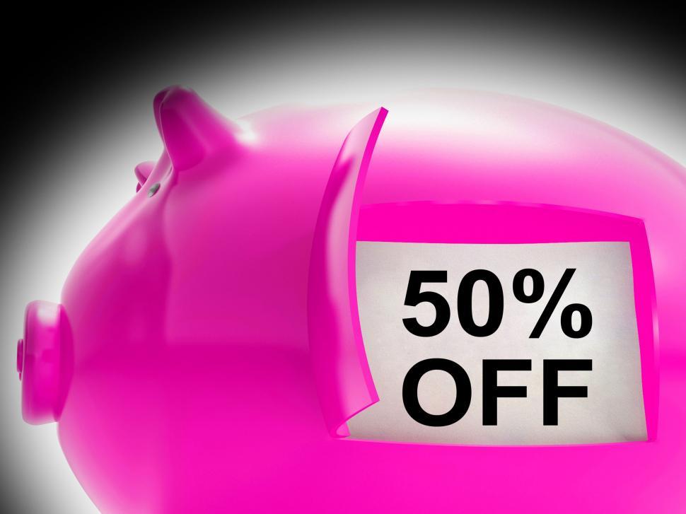 Free Image of Fifty Percent Off Piggy Bank Message Shows 50 Price Cut 