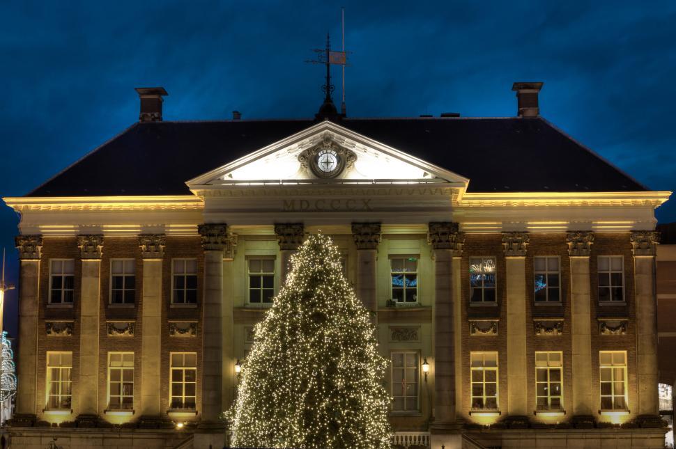 Free Image of Large Christmas Tree in Front of Building 