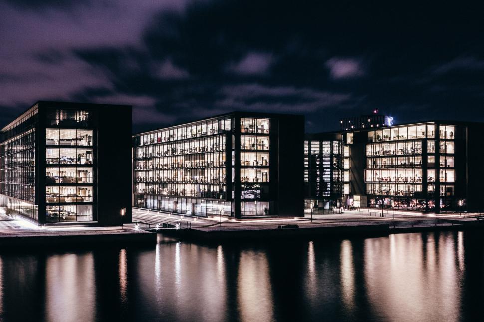 Free Image of Illuminated glass buildings  