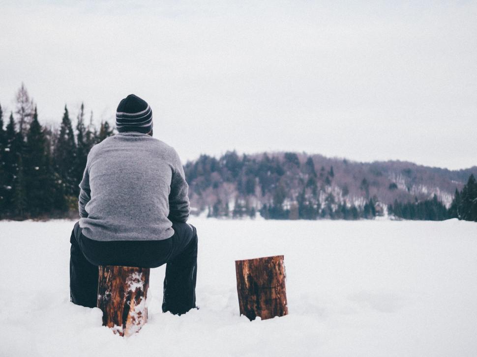 Free Image of Man Sitting on Snow-Covered Log 