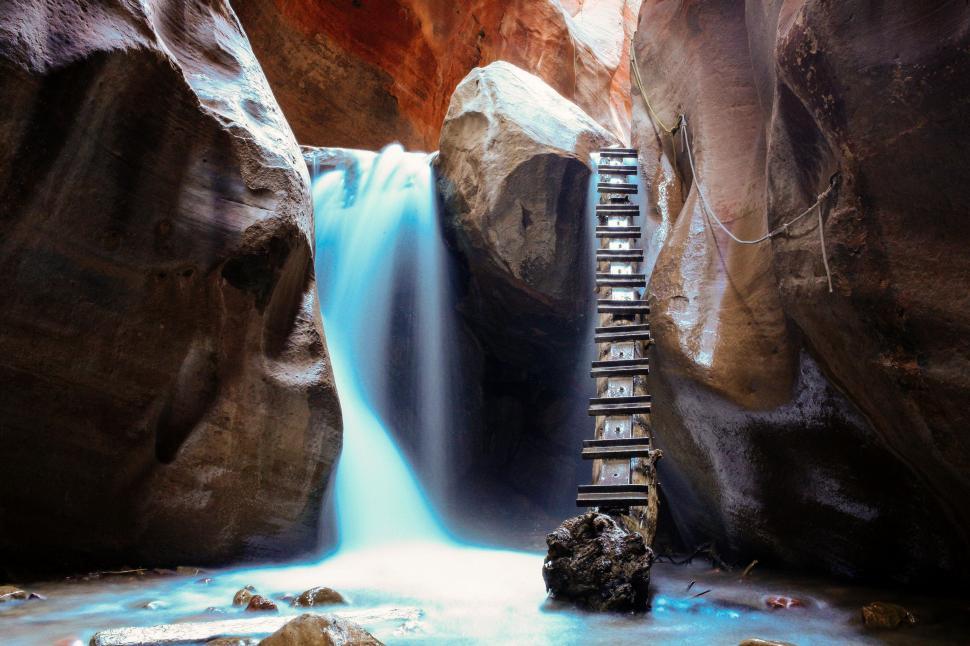 Free Image of Ladder Ascending Waterfall in Canyon 