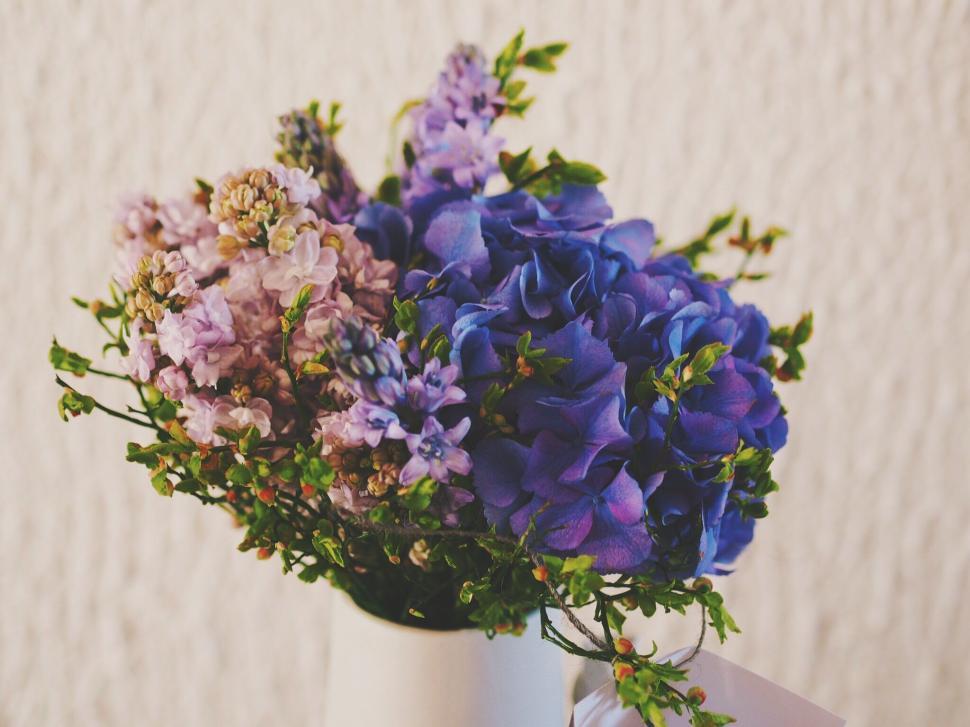 Free Image of White Vase Filled With Purple and Blue Flowers 