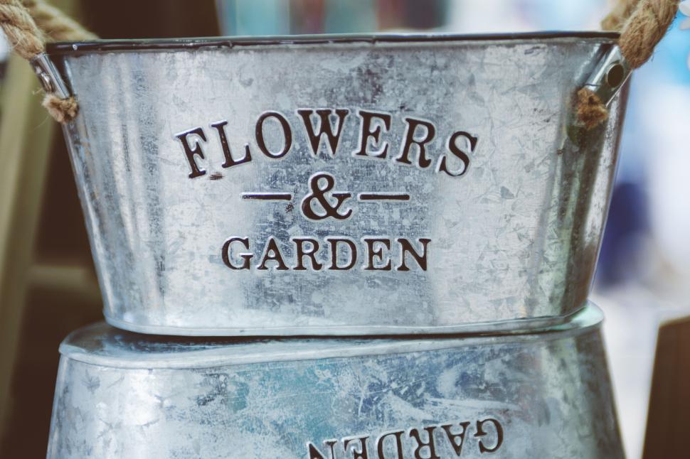 Free Image of Two Metal Buckets With Flowers and Garden Labels 