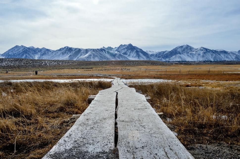 Free Image of Wooden Walkway in Field With Mountains in Background 
