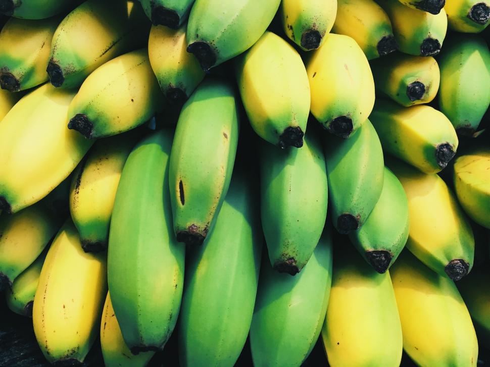 Free Image of Stack of Green and Yellow Bananas 