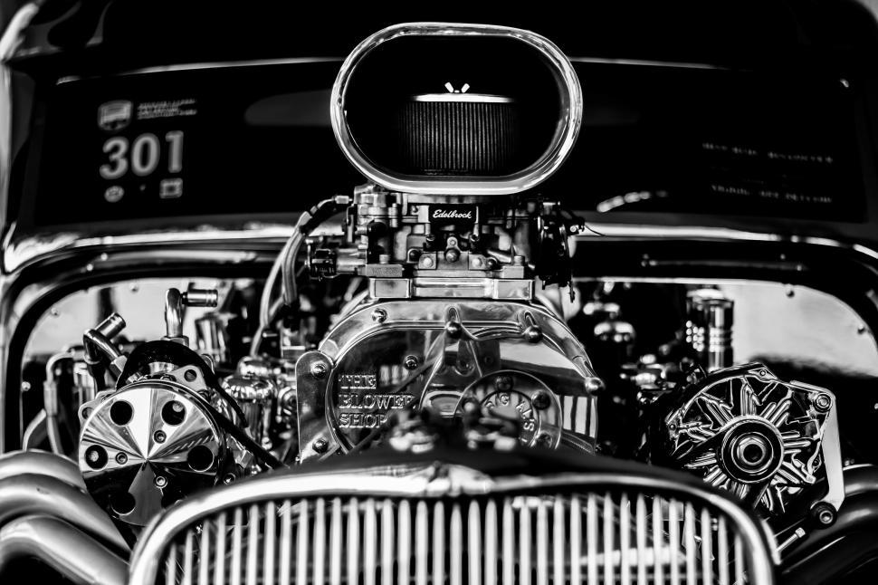Free Image of Black and White Photo of Car Engine 