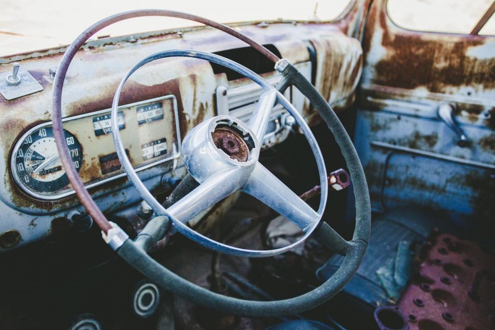 Free Image of Old Car With Steering Wheel and Dashboard 
