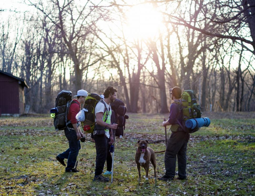Free Image of Group of People With Backpacks and a Dog Hiking in the Wilderness 