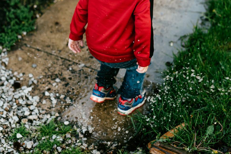 Free Image of Little Boy in a Red Jacket and Blue Boots 