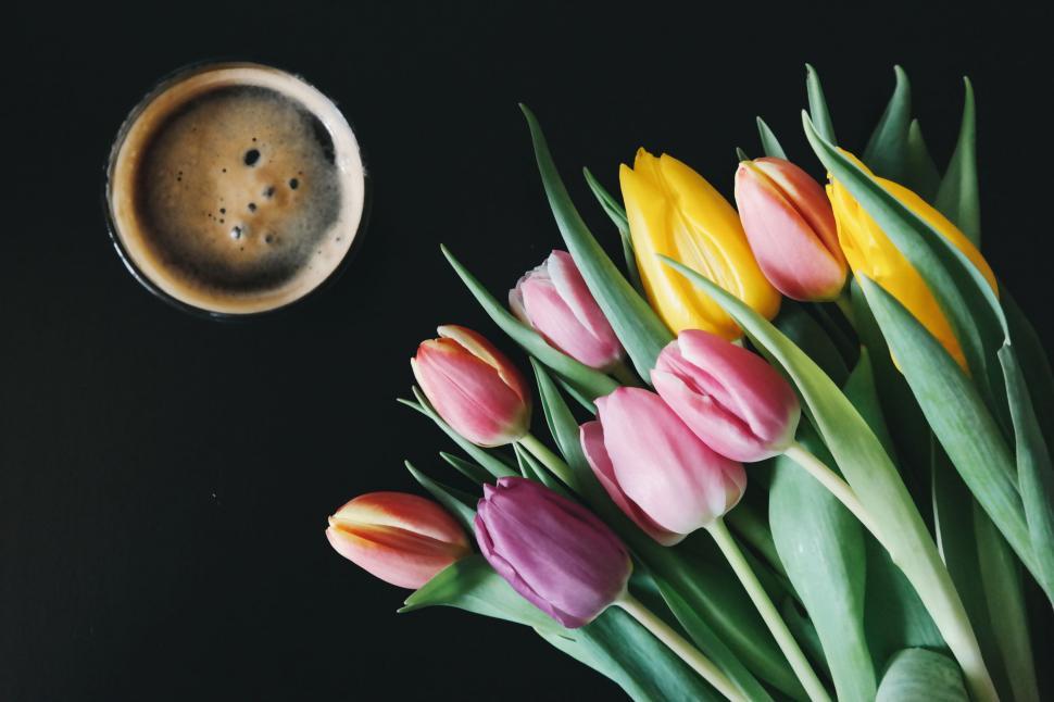 Free Image of A Bouquet of Tulips and a Cup of Coffee 