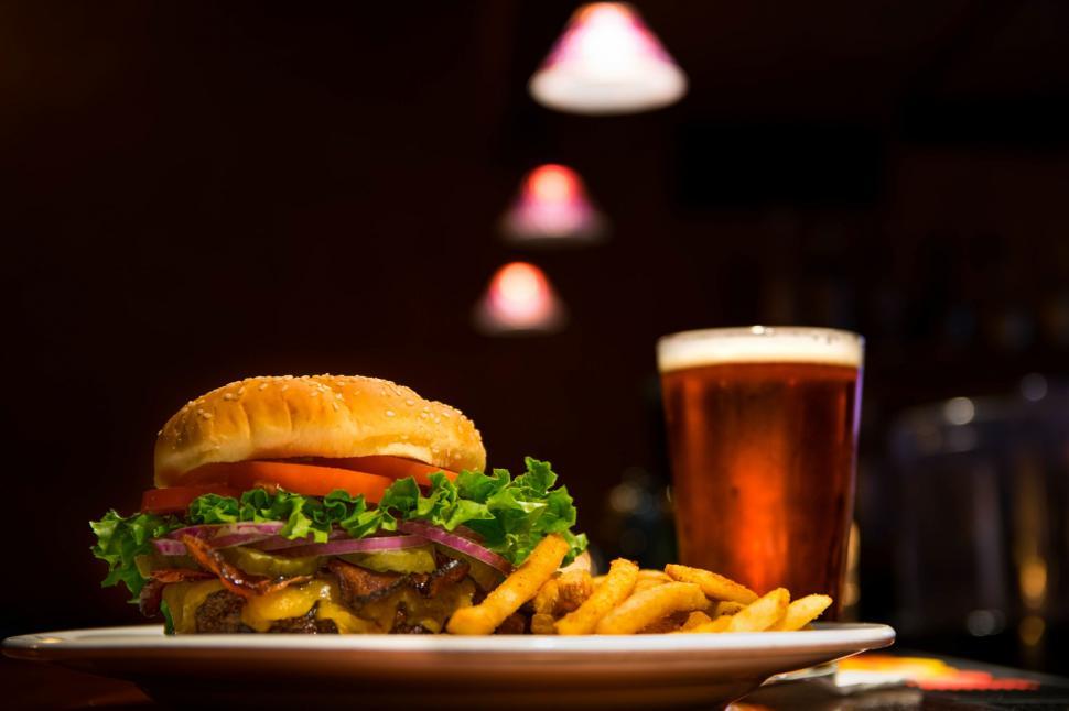 Free Image of Hamburger and Fries With Beer on Plate 