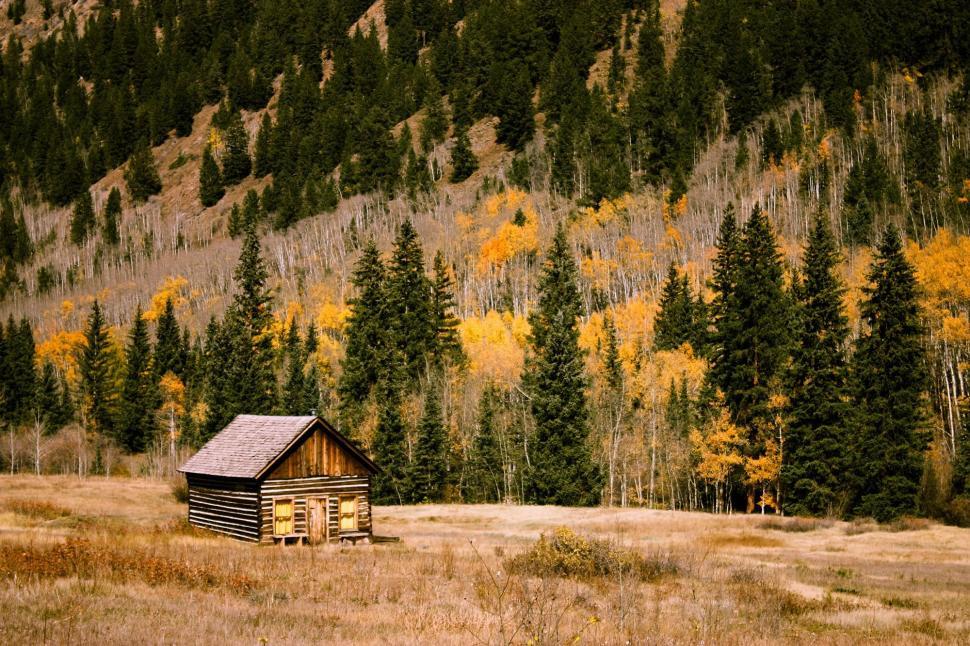 Free Image of Cabin in Field With Mountain Background 