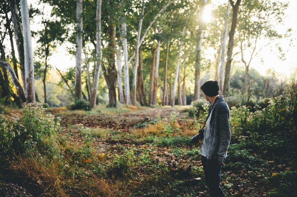 Free Image of Person Standing in Forest, Observing Ground 