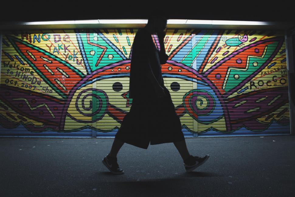 Free Image of Person Walking in Front of Colorful Wall 