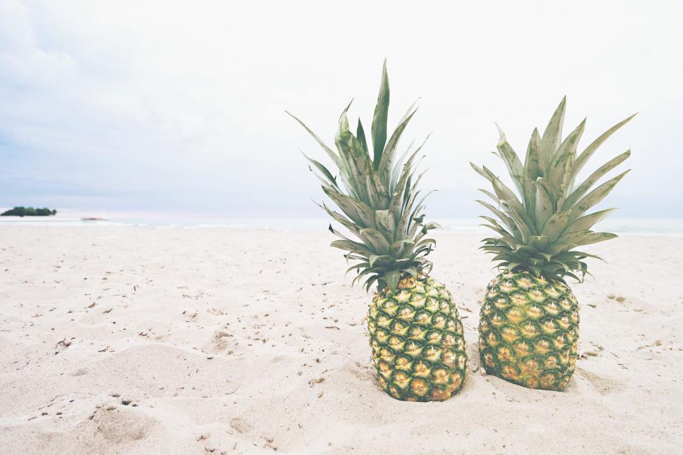 Free Image of Two Pineapples Resting in the Sand on a Beach 