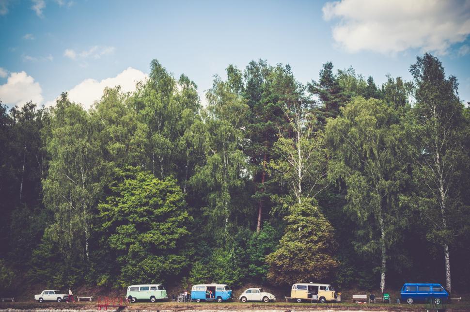 Free Image of Campers Parked in Front of Forest 