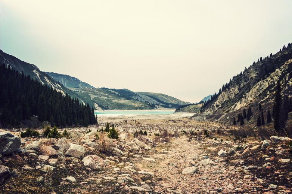 Free Image of Dirt Path Leading to a Lake Surrounded by Mountains 