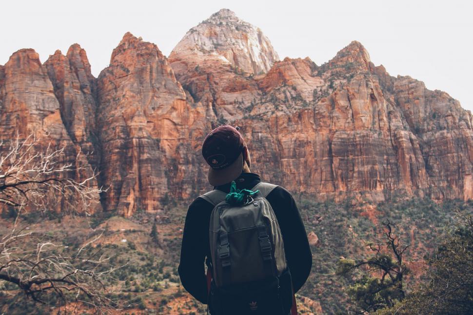 Free Image of Person With Backpack Standing in Front of Mountain 