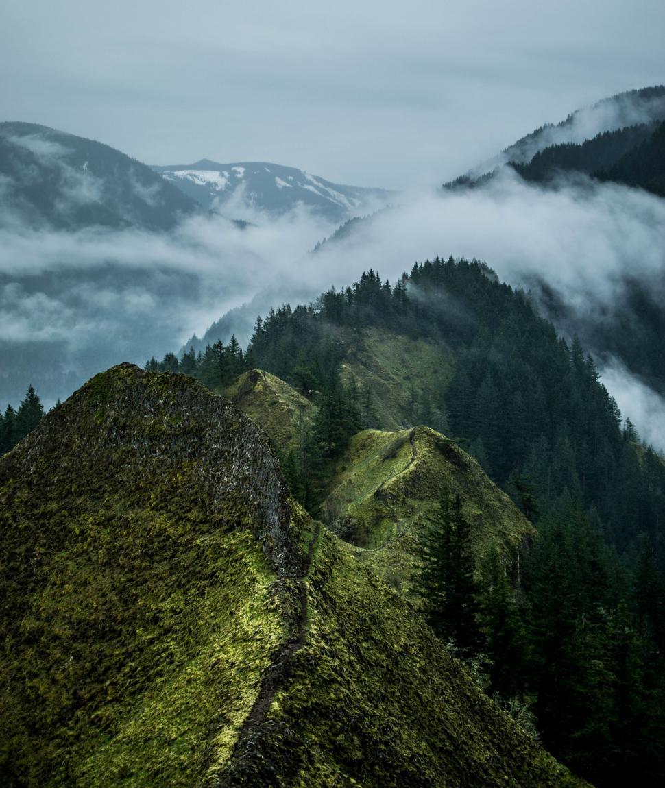 Free Image of Mountain Enshrouded in Fog and Low-Lying Clouds 