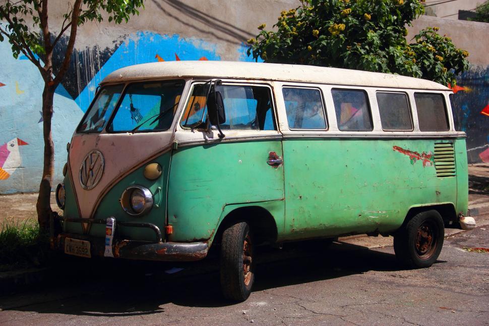 Free Image of Old VW Bus Parked on the Side of the Road 