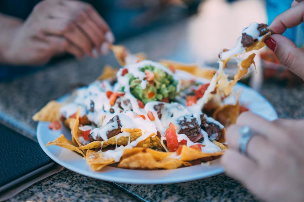 Free Image of Loaded Nachos on a White Plate 