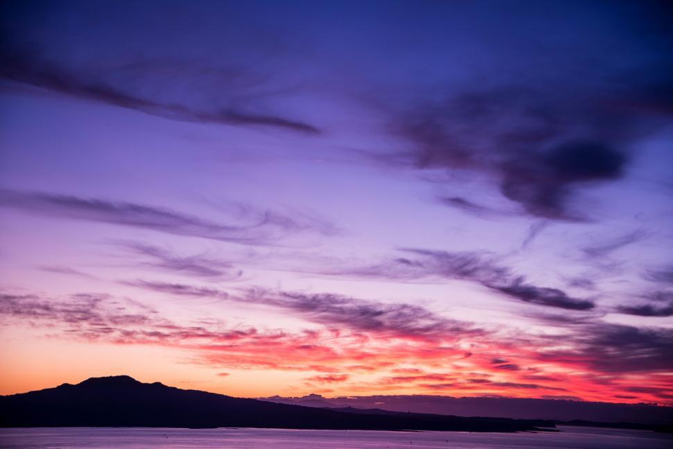 Free Image of Sunset Over Water With Distant Mountain 