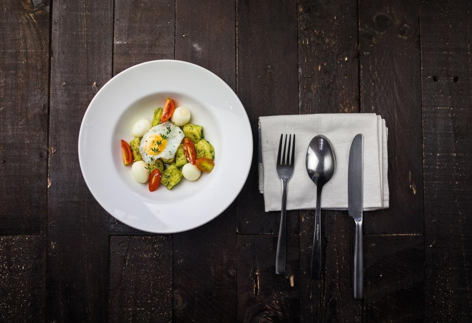 Free Image of White Plate With Food, Fork, and Knife 