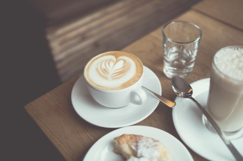 Free Image of Food & Drink coffee cup cappuccino breakfast drink beverage espresso morning hot food plate cafe refreshment table cream mug tea brown sugar spoon caffeine black glass aroma meal milk fresh 