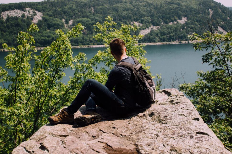 Free Image of Man Sitting on Rock by Lake 