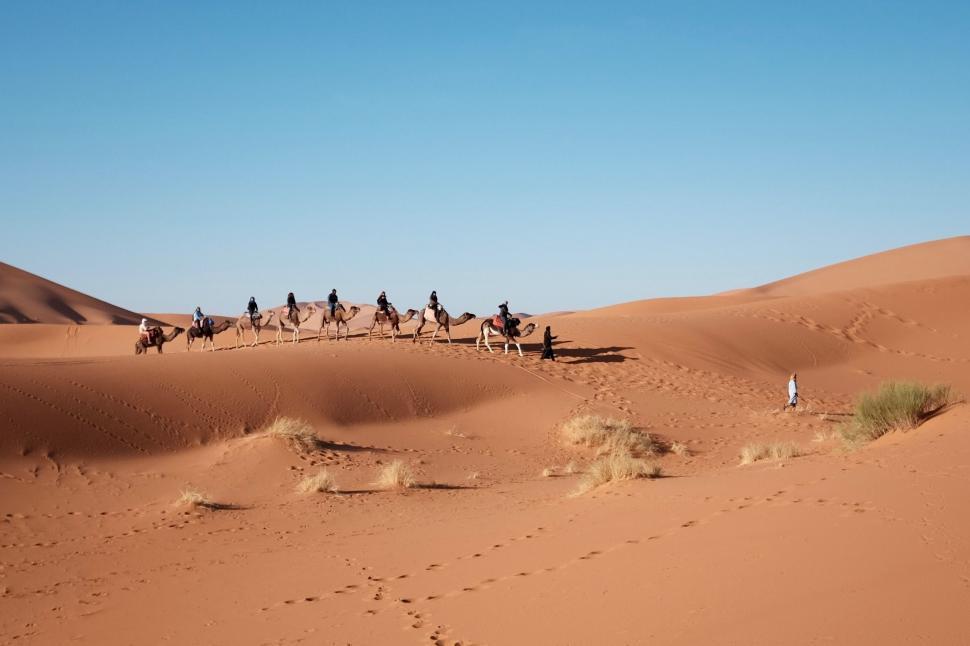 Free Image of Group of People Riding Camels Across a Desert 