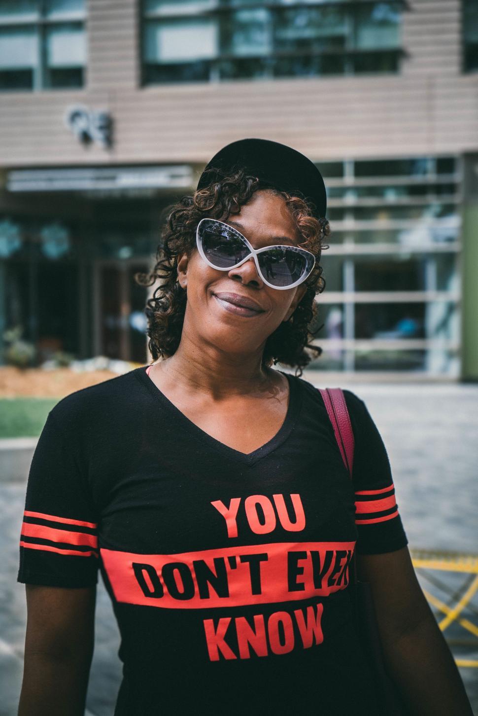 Free Image of Woman Wearing T-Shirt That Says You Dont Even Know 