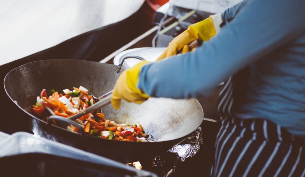 Free Image of Person in Yellow Gloves Cooking Food in a Wok 