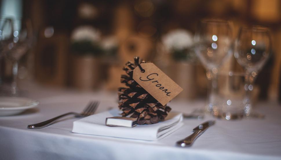Free Image of Elegant Place Setting With Pine Cone Place Cards and Silverware 