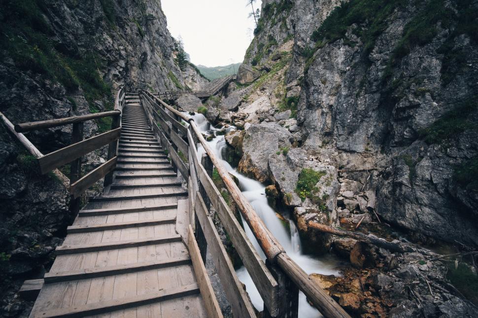 Free Image of Stairs Leading Up to Waterfall 