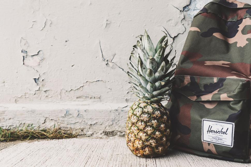 Free Image of Pineapple Next to Camouflage Backpack 