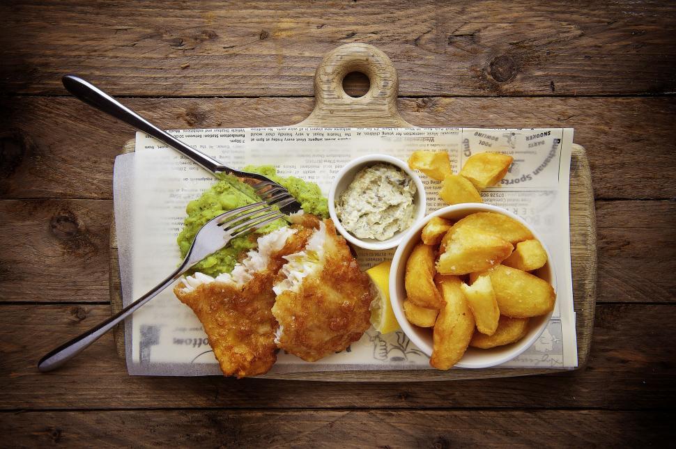 Free Image of Plate of Food With Fish and Chips 