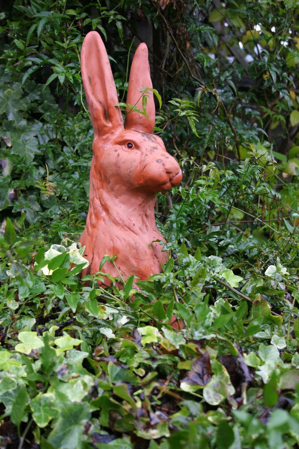 Free Image of Rabbit Statue Hiding in Bushes 