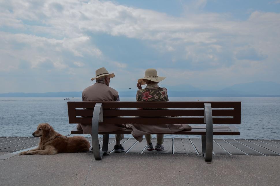Free Image of Couple Sitting on Bench With Dog 