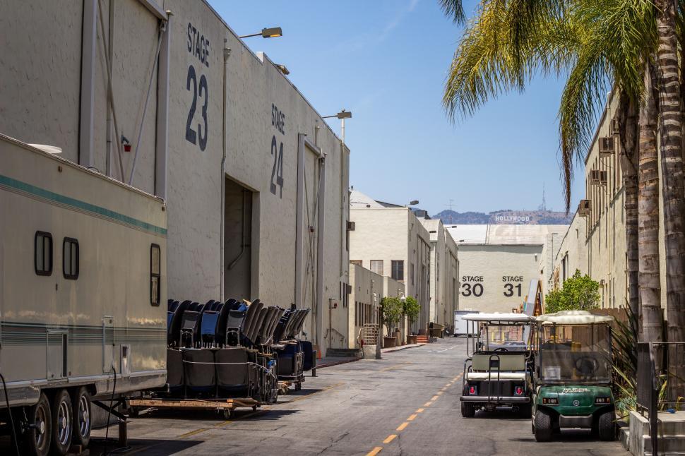 Free Image of Lined Street With Parked Golf Carts and Palm Trees 