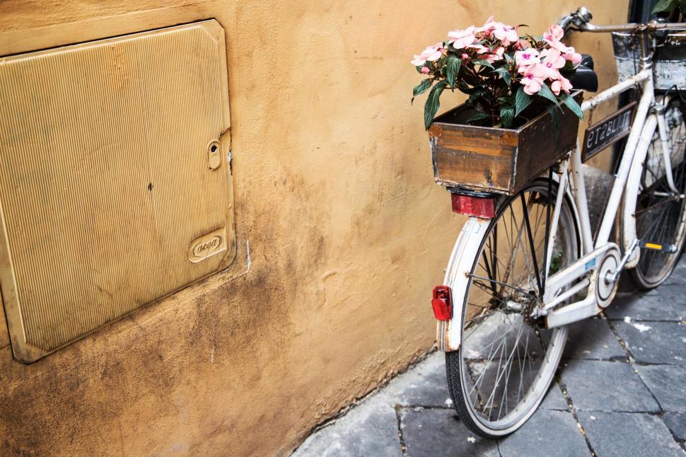 Free Image of Bicycle Parked Next to Wall With Flowers in Basket 