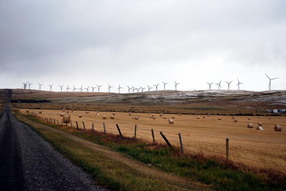 Free Image of Hay Field With Windmills in Background 