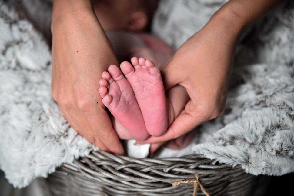 Free Image of Person Holding Babys Foot in a Basket 
