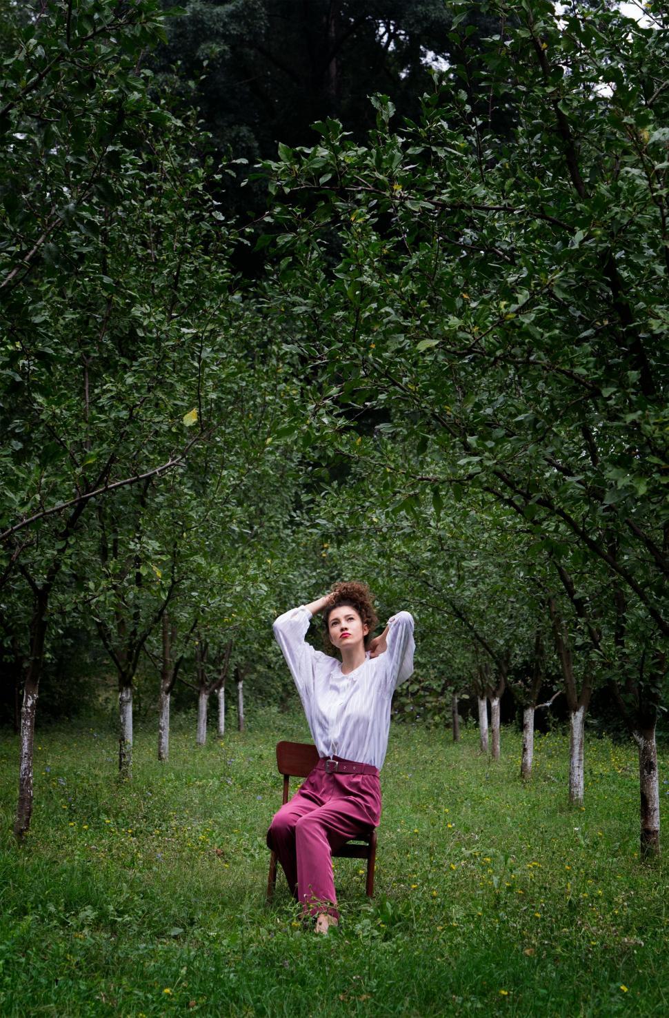 Free Image of Woman Sitting on Chair in Field of Trees 